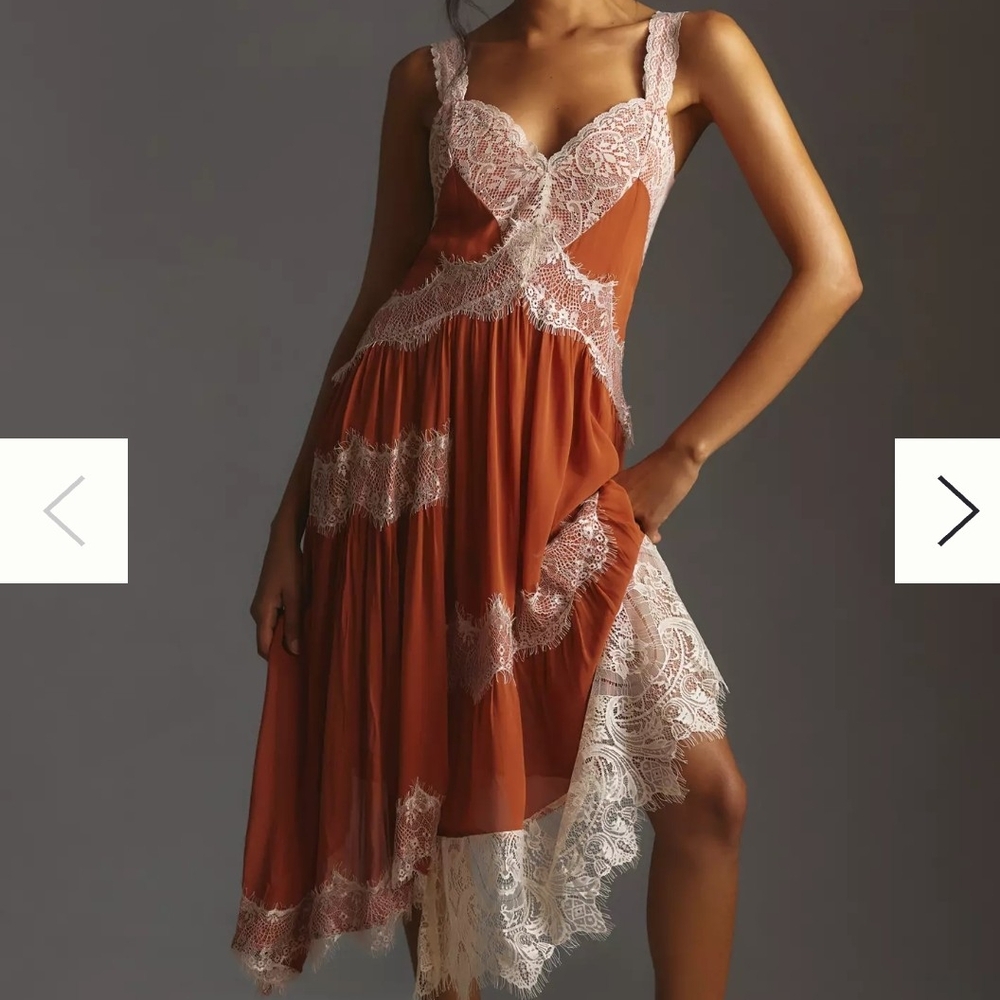 Elegant Lace Trimmed Dress in Rust and White